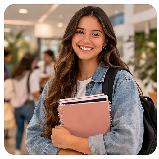 Estudiante sonriendo mientras participa en una actividad academica
