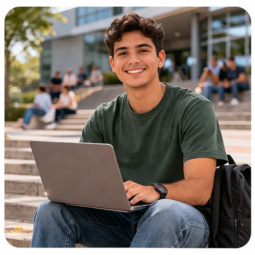 Estudiante revisando materiales de estudio con actitud concentrada
