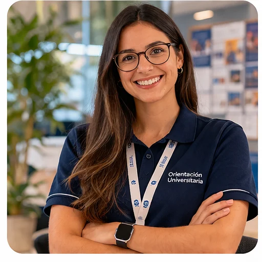 Orientador atendiendo a una persona interesada con actitud cercana