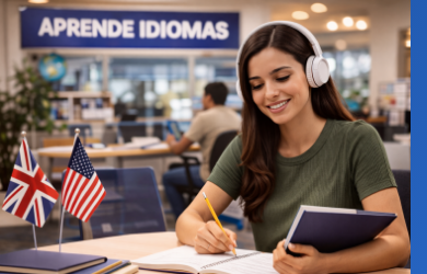 Estudiante revisando opciones academicas en el area de idiomas