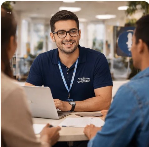 Asesora atendiendo de forma personalizada a una estudiante interesada